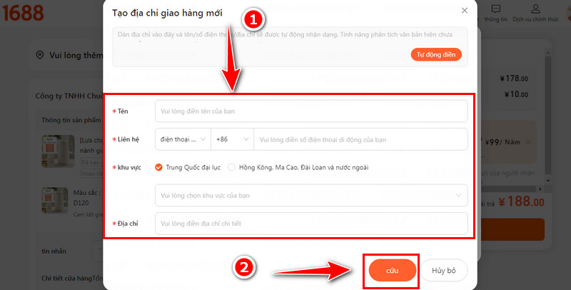 Nhập địa chỉ nhận hàng ở Trung Quốc.