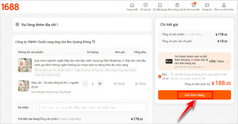 Click gửi đơn hàng