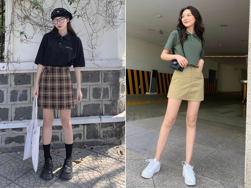 Áo polo nữ với chân váy