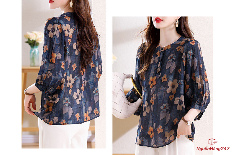 Mẫu áo sơ mi nữ họa tiết hoa lá