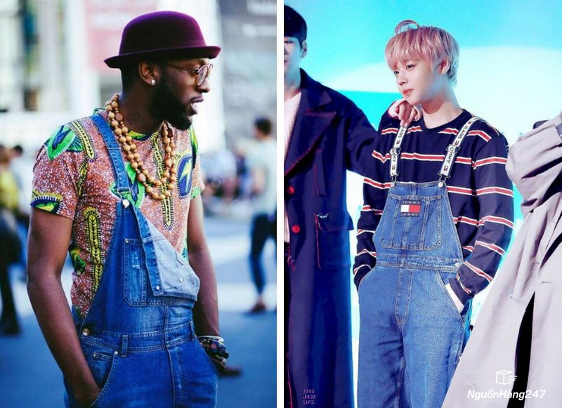 Phối quần yếm jean với áo có nhiều họa tiết