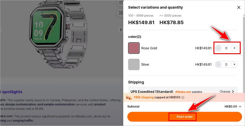 Nhập số lượng mua hàng trên Alibaba