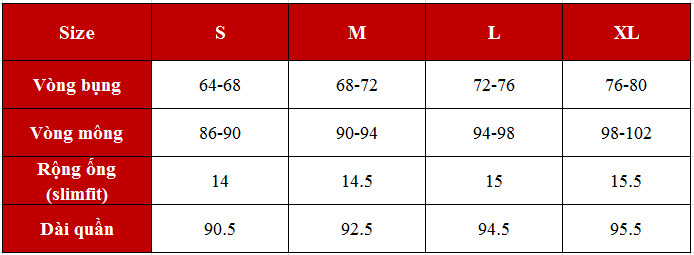 Bảng size quần tây dành cho nữ 