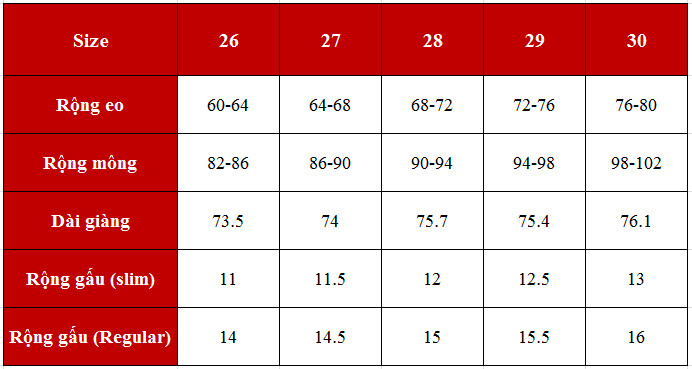 Bảng size quần kaki cho nữ 