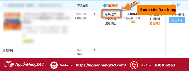 Click mục trả hàng/hoàn tiền