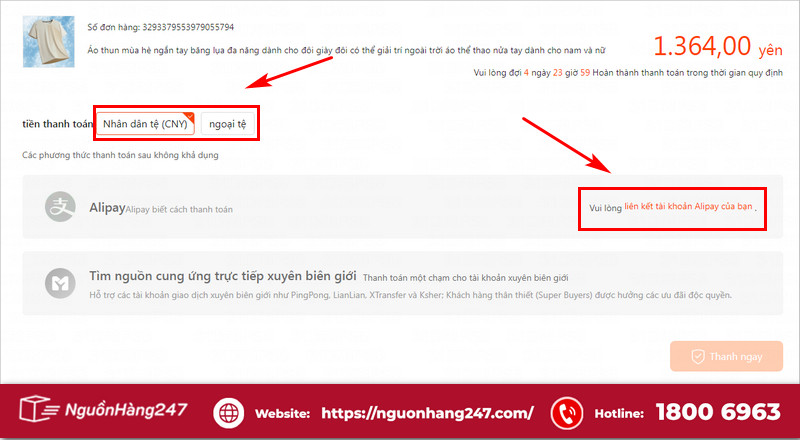 Chọn phương thức thanh toán Alipay