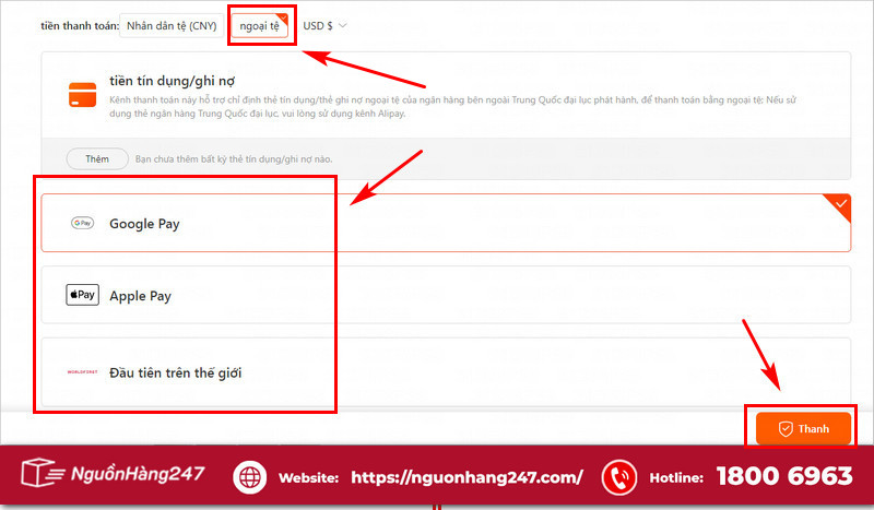Chọn cách thức thanh toán ngoại tệ