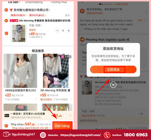 Chọn đặt hàng và nhập địa chỉ 