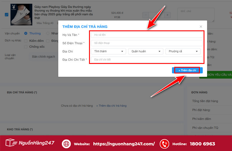 Nhập địa chỉ trả hàng