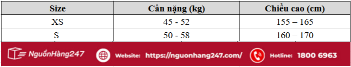 Bảng chiều cao, cân nặng size S. XS cho nam giới