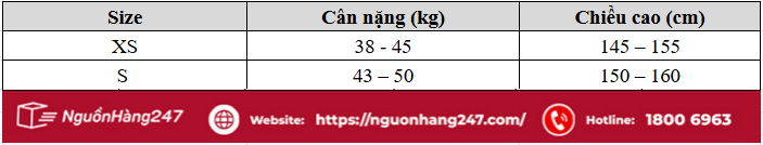 Bảng chiều cao, cân nặng size S, XS cho nữ
