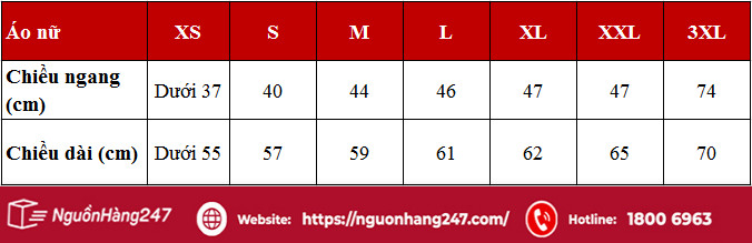 Bảng size XS  theo chiều dài, chiều ngang áo