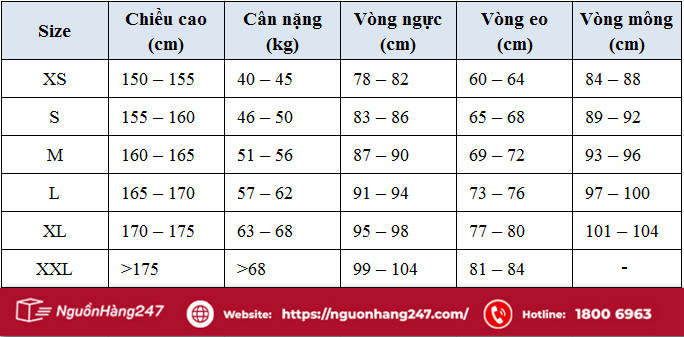 Bảng size quần áo nữ chuẩn