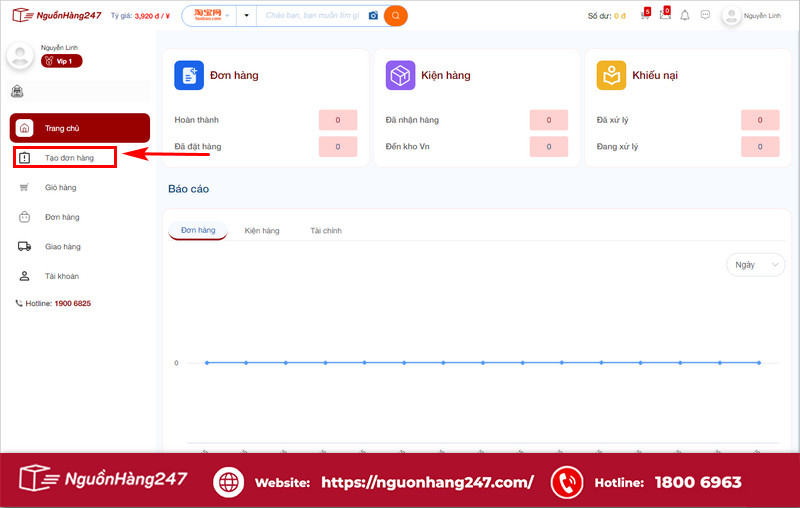 Nhấn vào Tạo đơn hàng