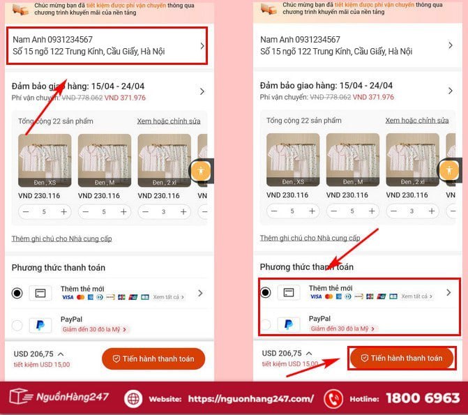 Tiến hành nhập địa chỉ, thanh toán đơn hàng  