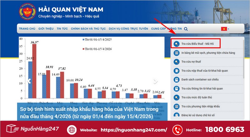 Chọn mục "Tra cứu Biểu thuế - Mã HS"