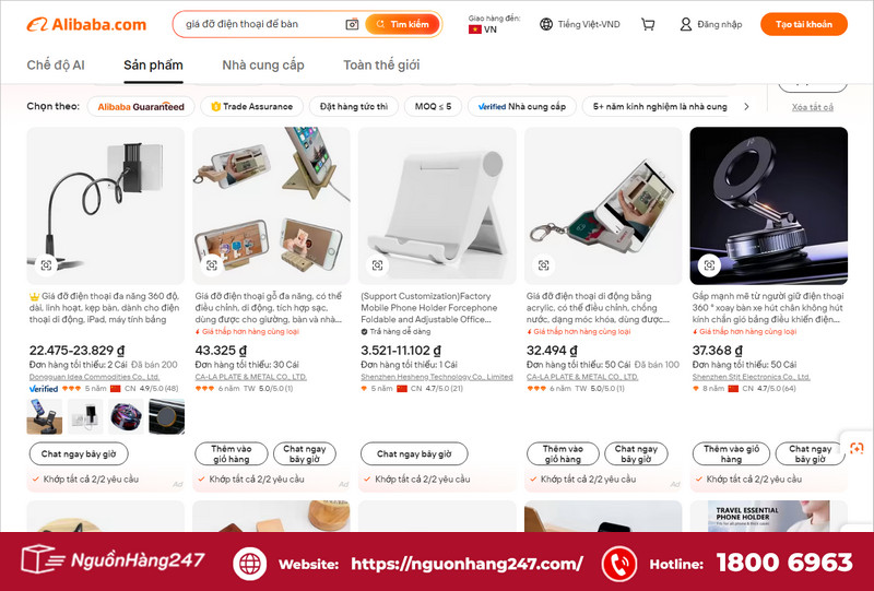 Order giá đỡ điện thoại trên Alibaba