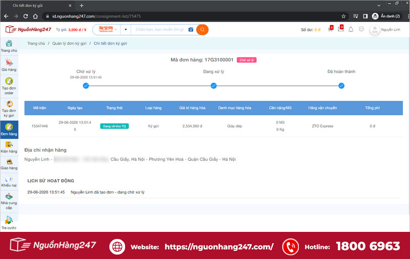 Xem chi tiết đơn hàng ký gửi