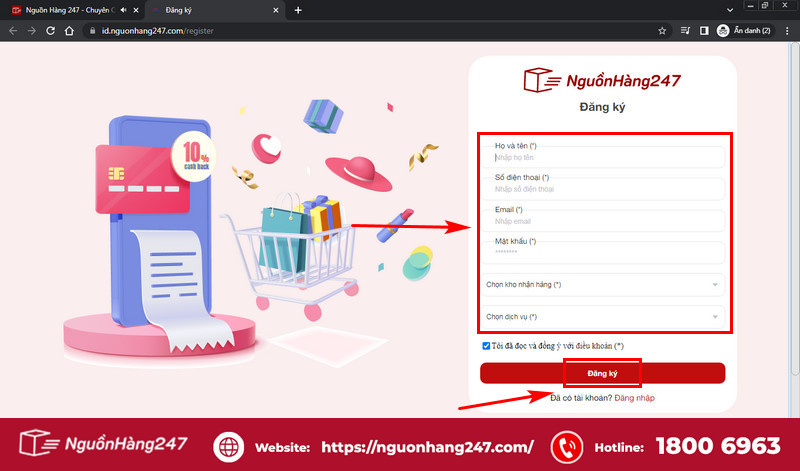 Nhập thông tin đăng ký theo form yêu cầu của Nguồn Hàng 247