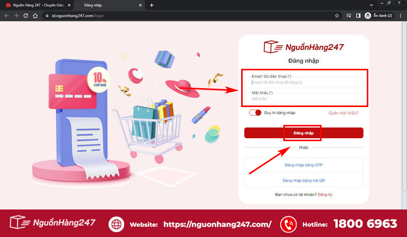Điền thông tin email và mật khẩu đăng nhập