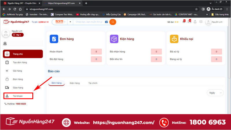 Chọn mục Tài khoản phía bên trái giao diện